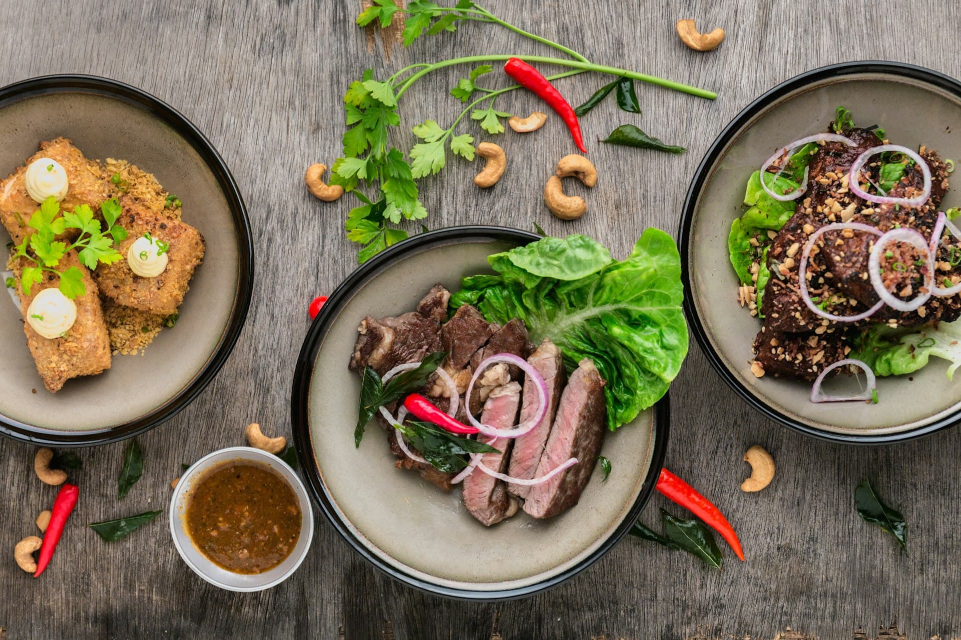 Shared platters of food viewed from above
